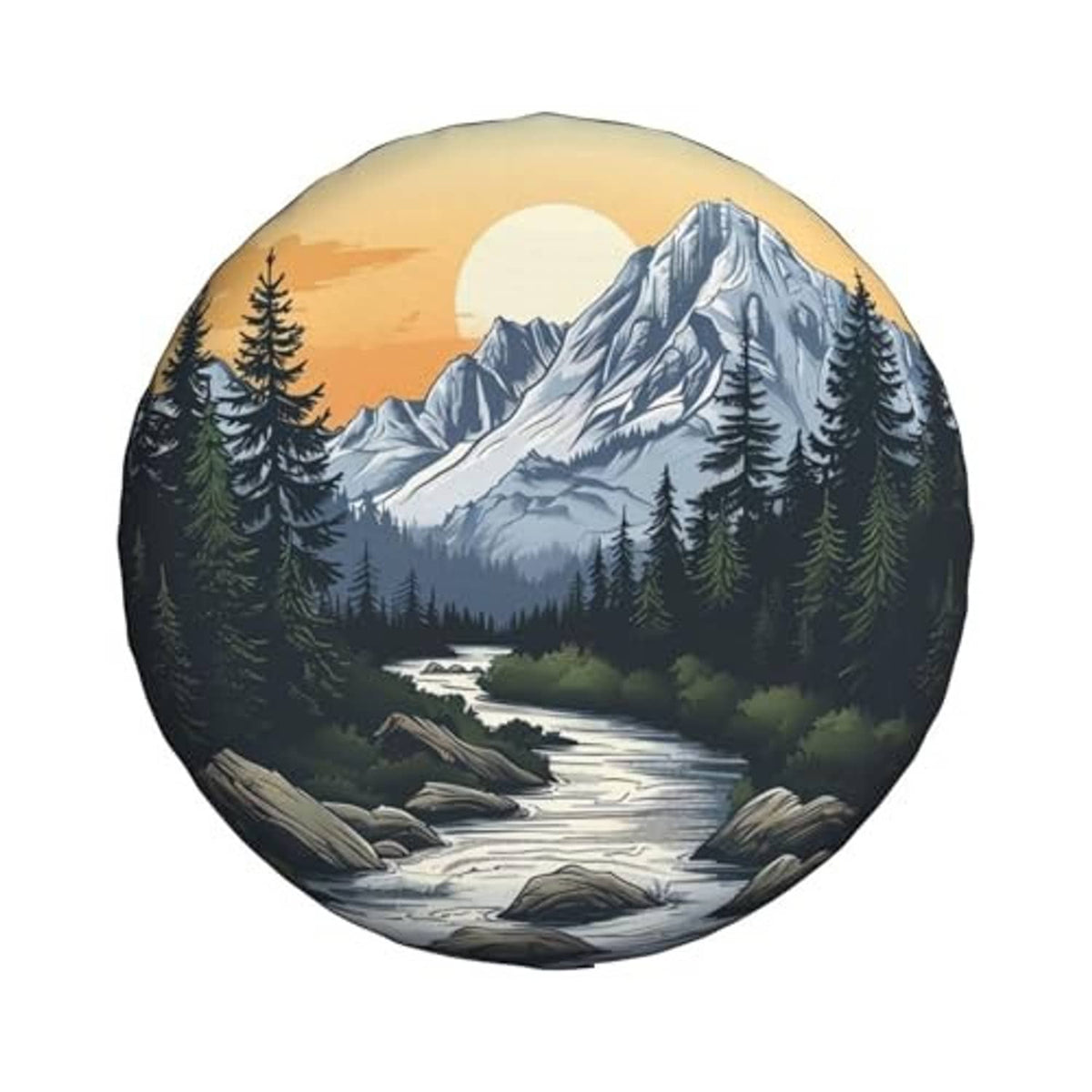Spare tire cover with detailed snow-capped mountain and forest landscape print