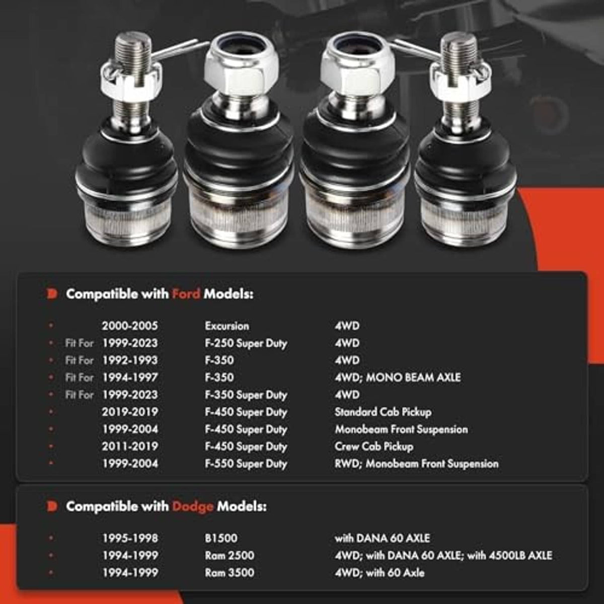 Set of four front ball joints with black rubber boots and silver threaded hardware