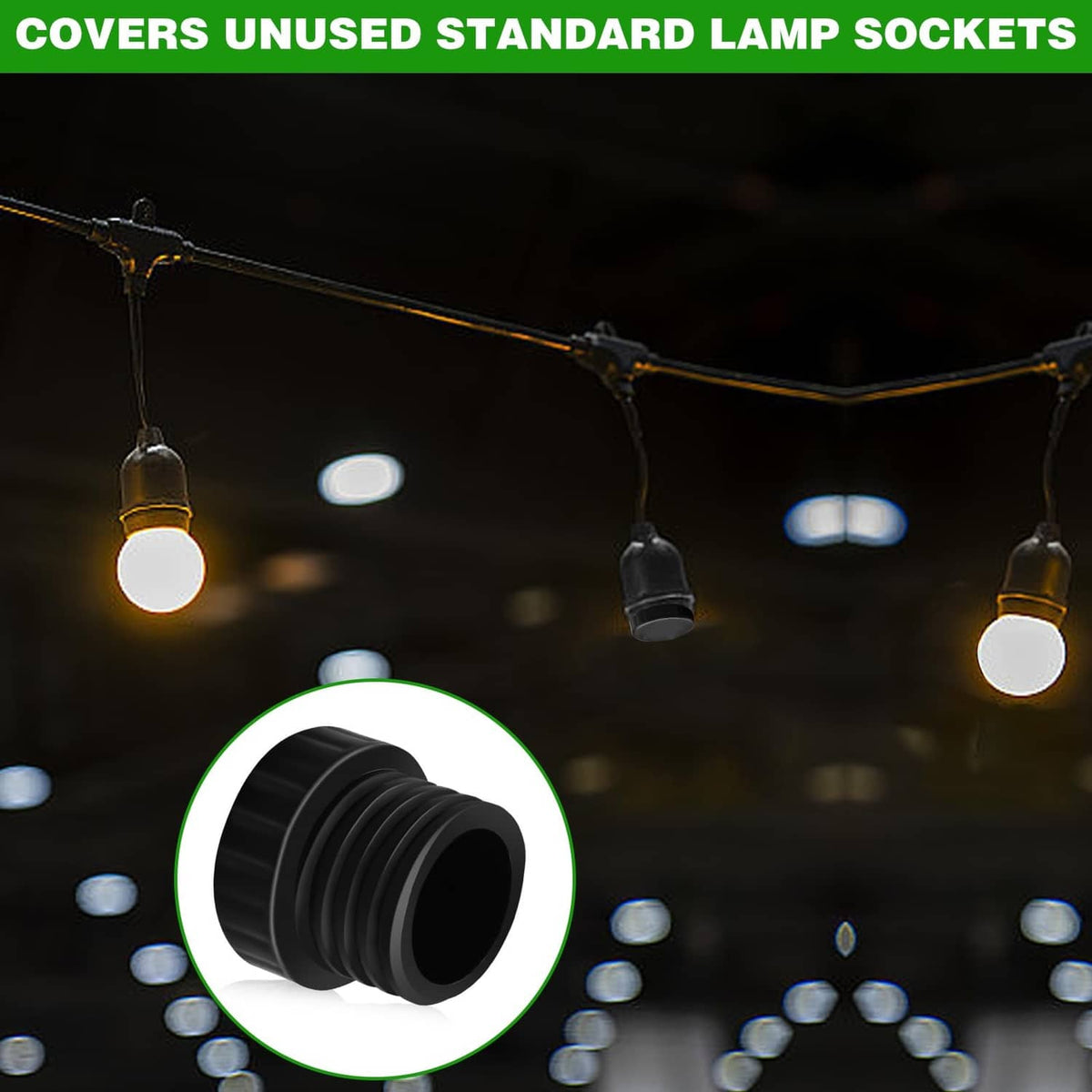 Black ribbed socket cover cap shown on cord protecting unused light sockets