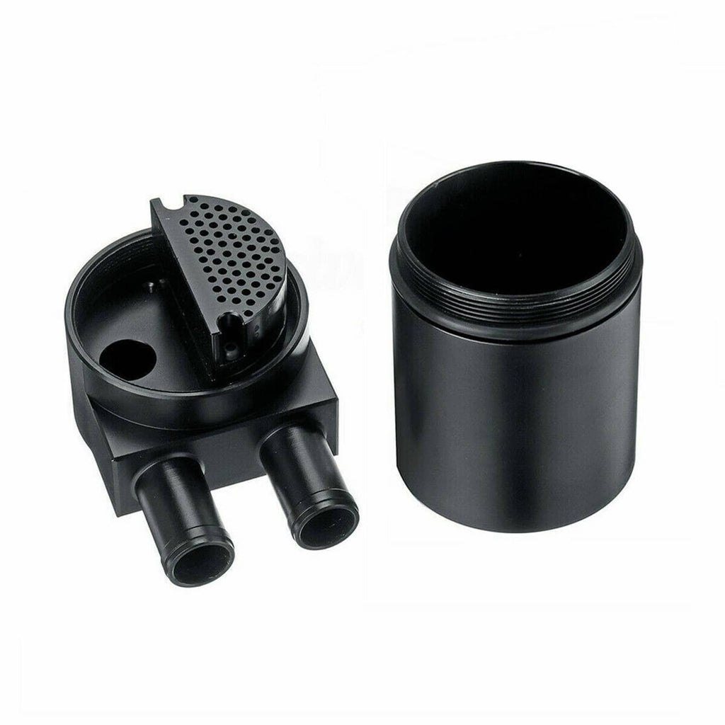 Black oil catch can with perforated cap insert and cylindrical reservoir