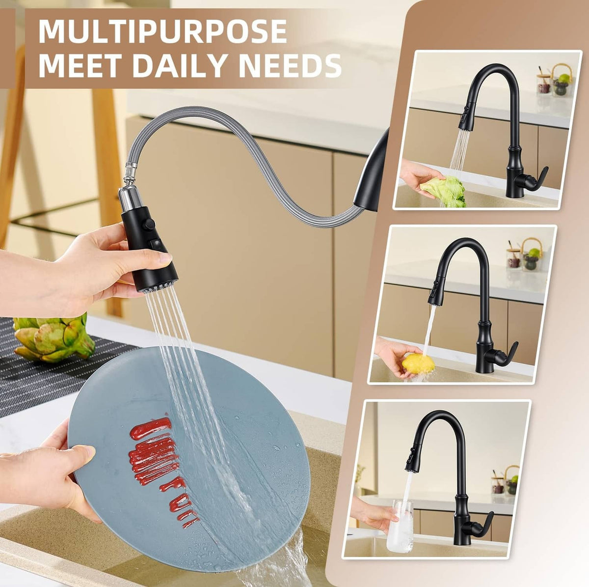 Matte black kitchen faucet with handheld sprayer and side-by-side water spray