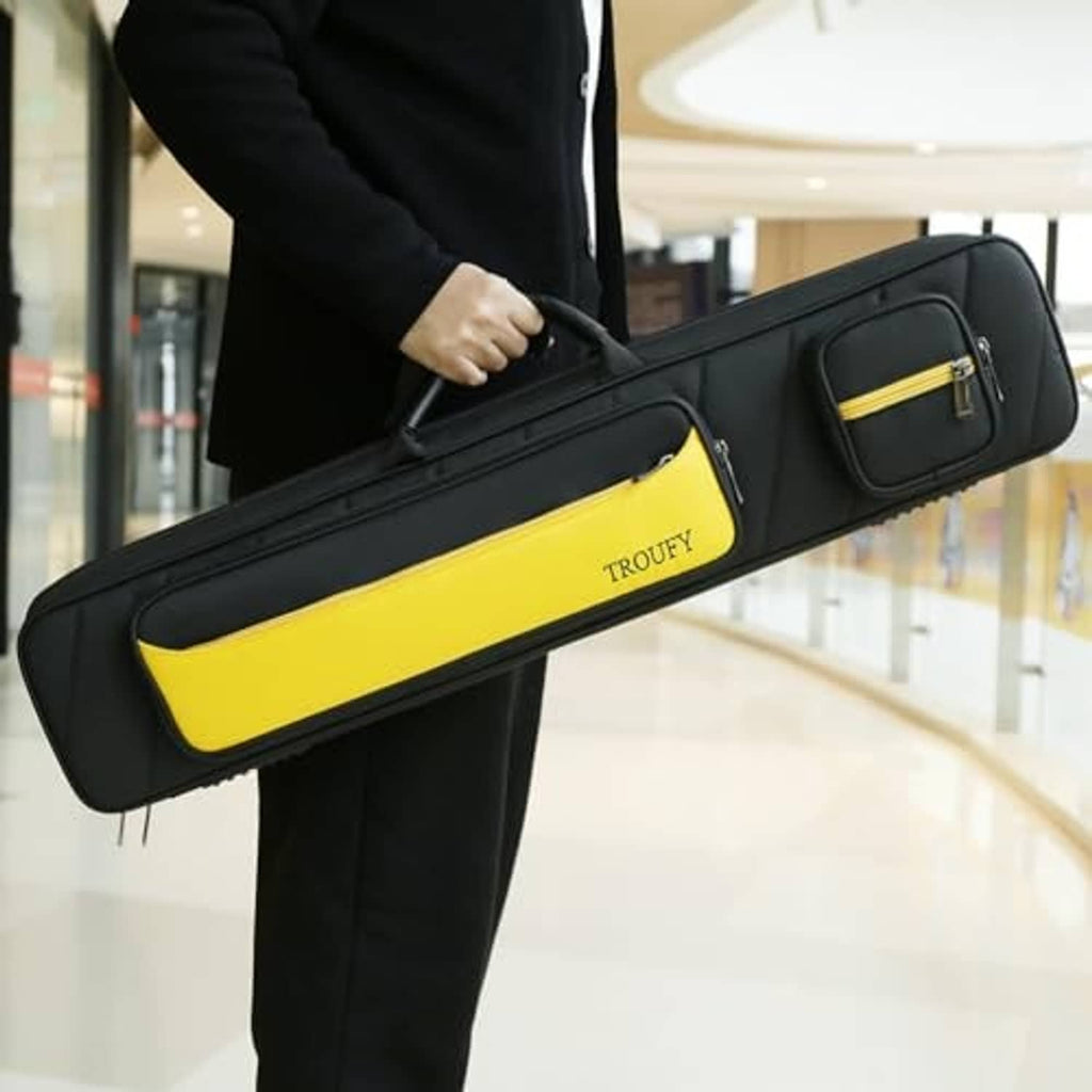 Black and yellow pool cue case held by a person with handle and zip pocket
