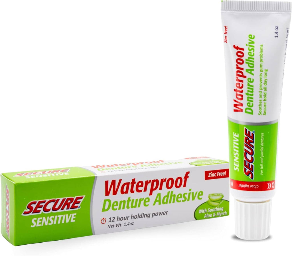 Waterproof denture adhesive set with green-labeled tube and box packaging