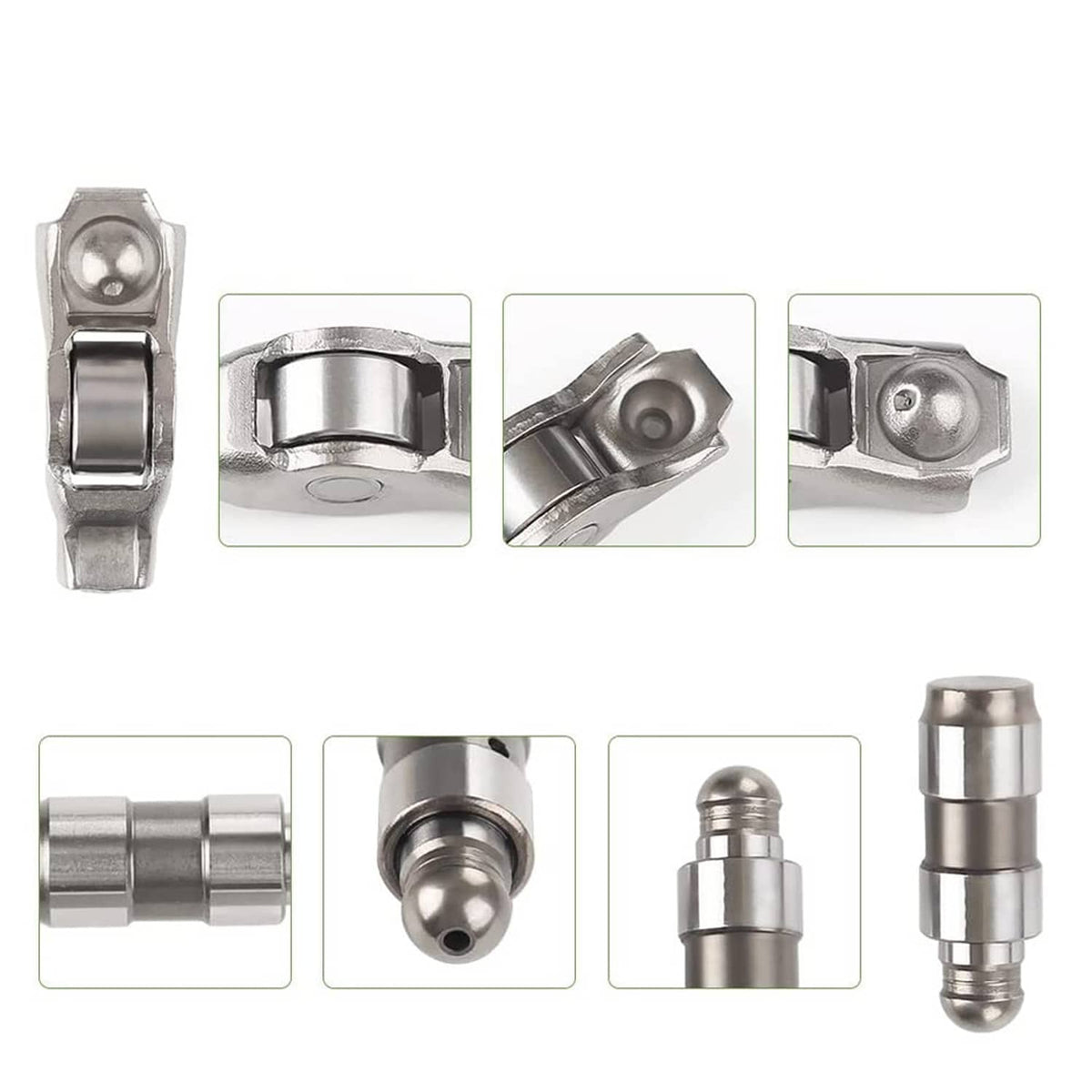 Rocker arm and valve lifter with multiple angle views, silver metal