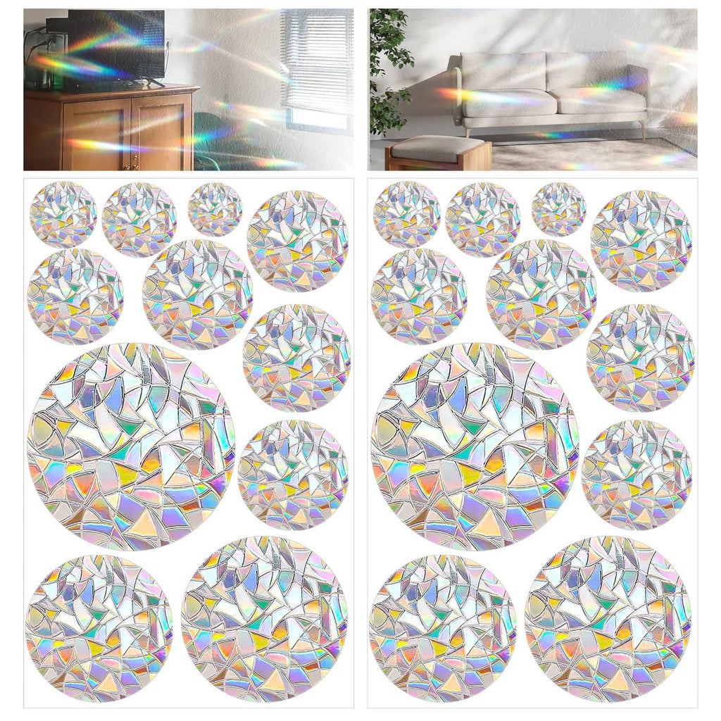 Colorful prism mosaic window decals, round and oval shapes for bird-strike prevention
