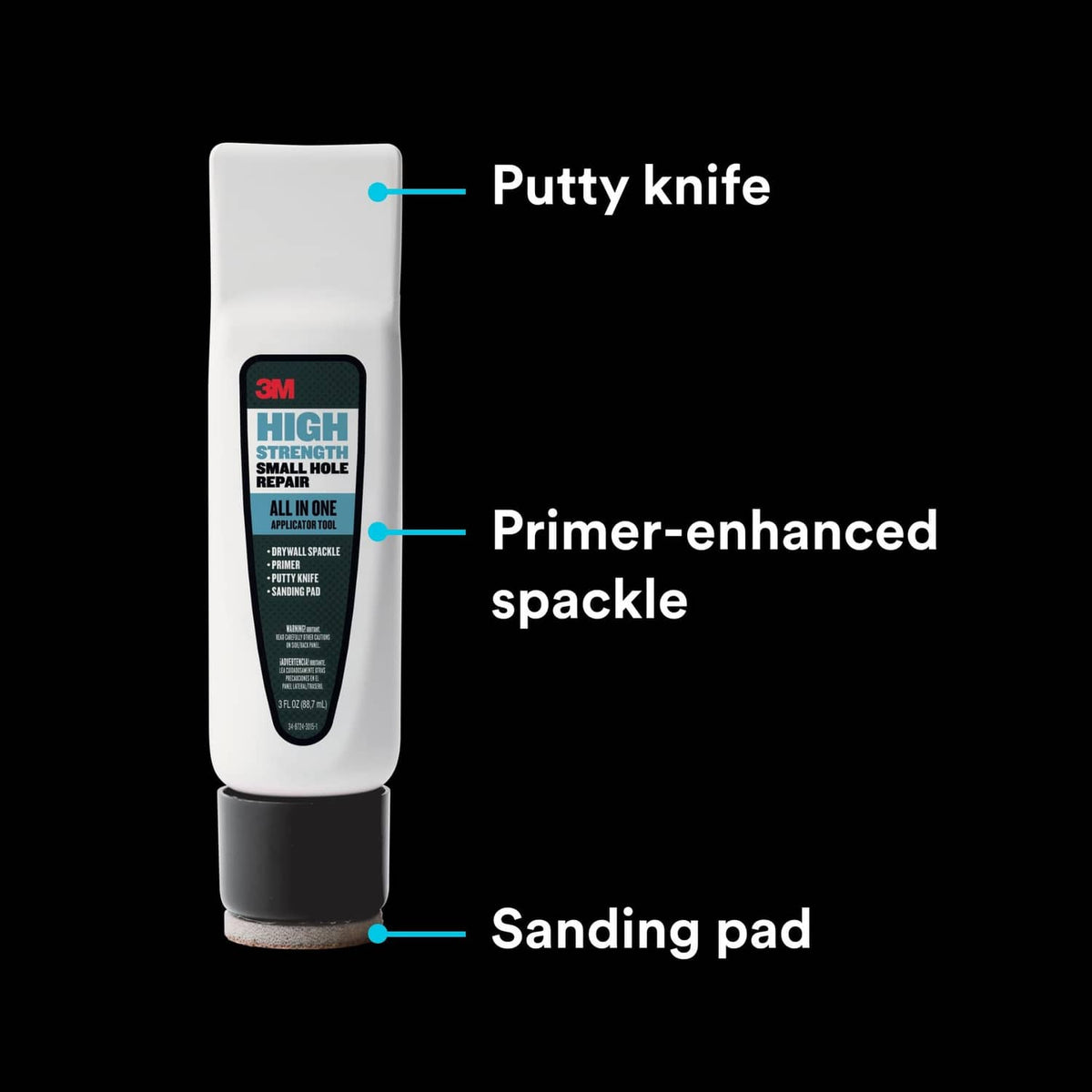 All-in-one repair applicator with primer-enhanced spackle, putty knife, and sanding pad