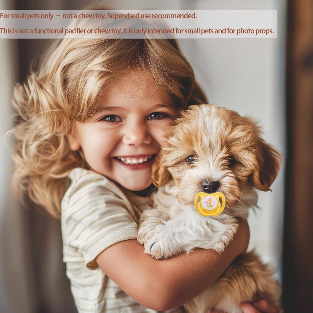 Child holding a small dog wearing a yellow pet pacifier photo prop.