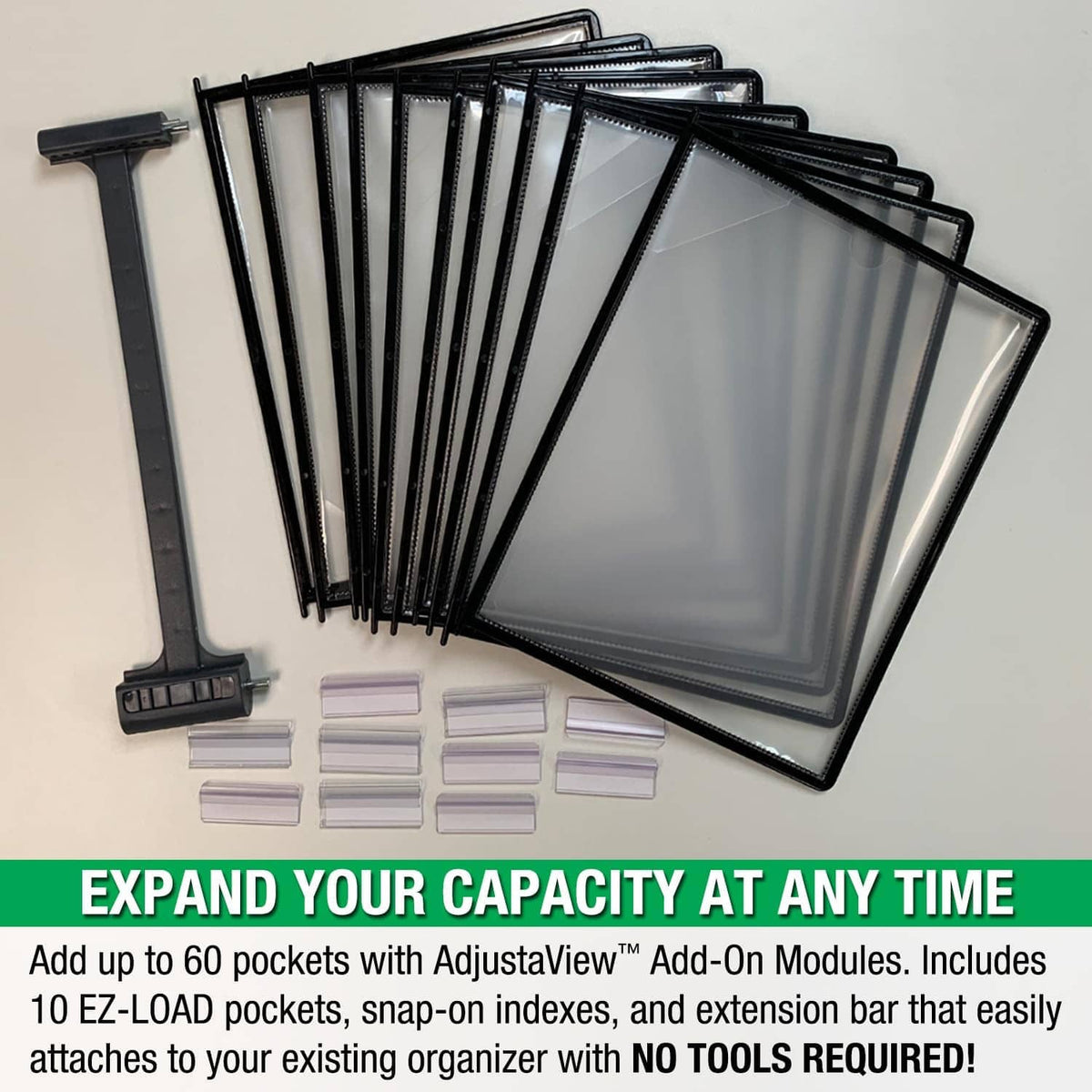 Adjustaview add-on modules with clear sleeves and black frames for expandable capacity