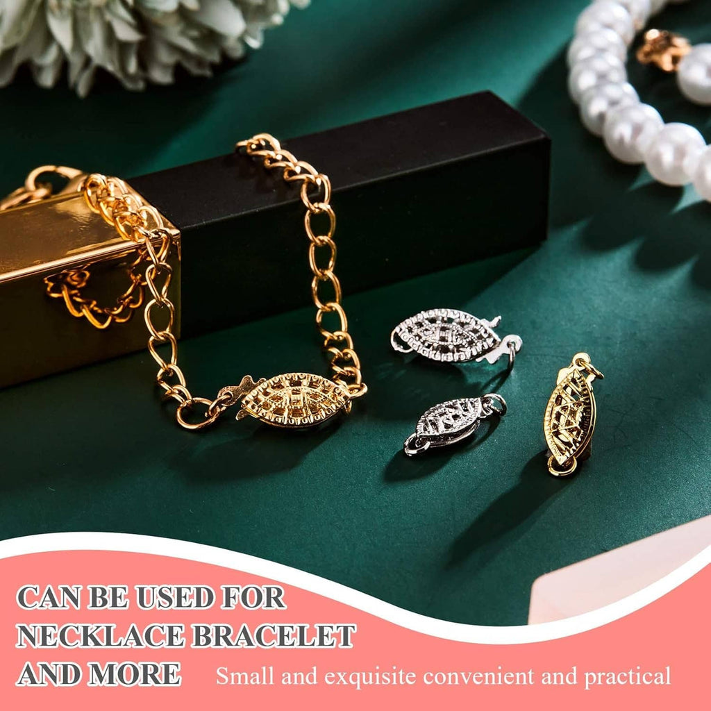 Oval filigree necklace clasp pieces with pearl-look details and fish hook closures, gold and silver