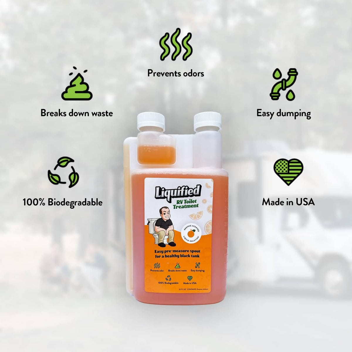 Liquified RV toilet treatment bottle with orange liquid and front label, white cap