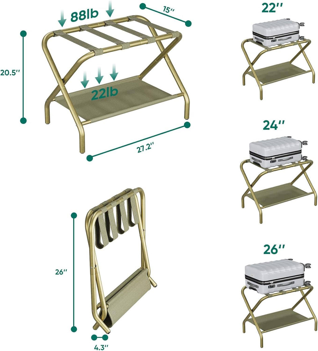 Foldable luggage rack layout showing two-tier fabric shelves, gold frame, and size options.