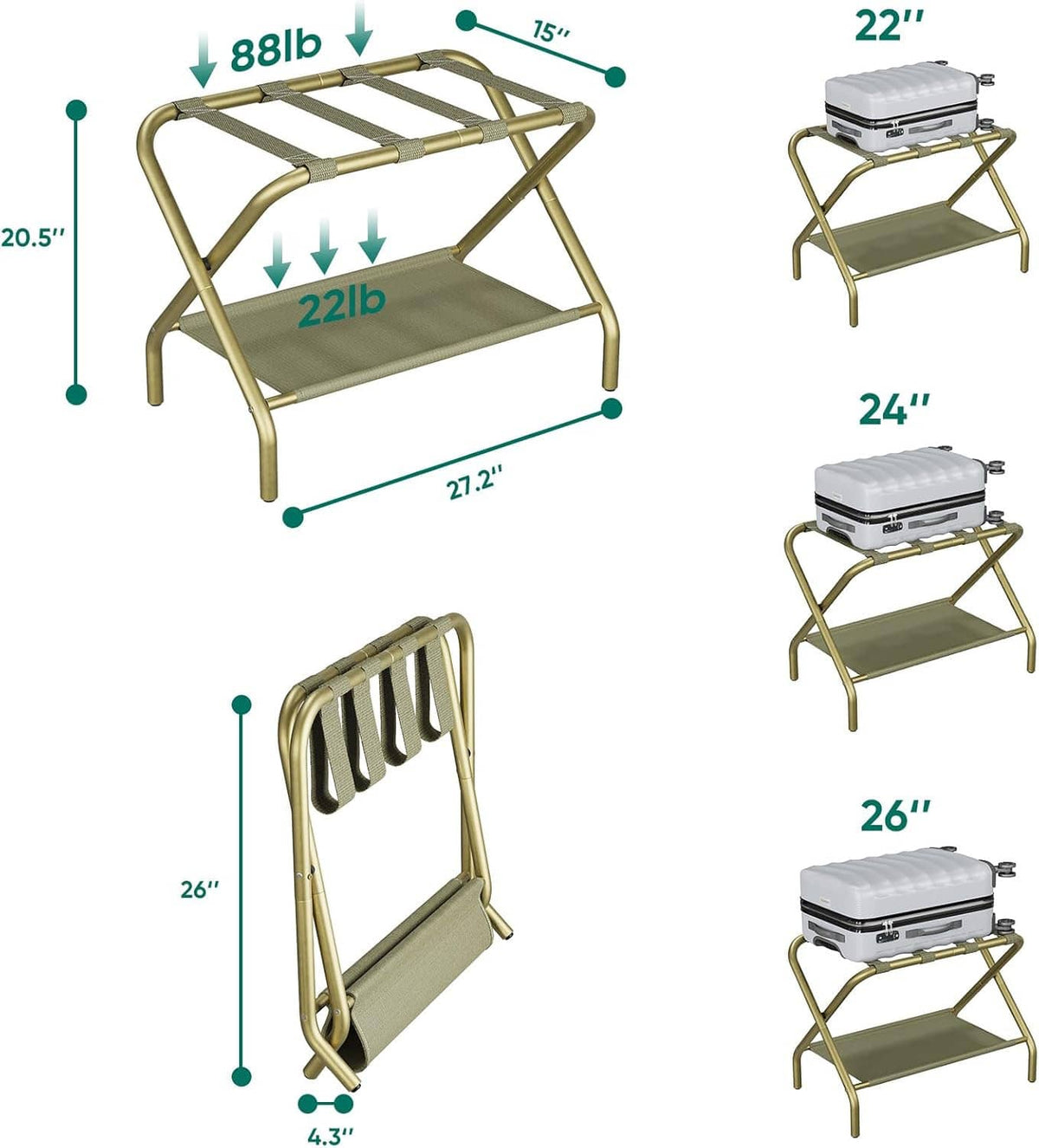 Foldable luggage rack layout showing two-tier fabric shelves, gold frame, and size options.