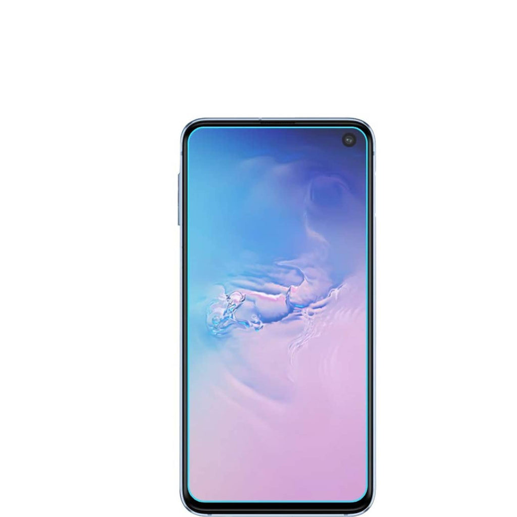 Clear tempered glass screen protector on Samsung Galaxy S10e phone screen