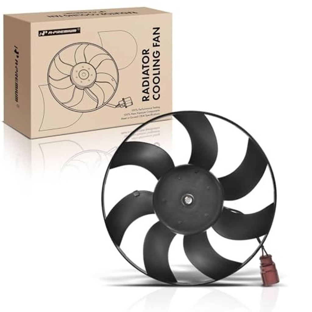 Radiator cooling fan with black blades and motor hub, shown with product box