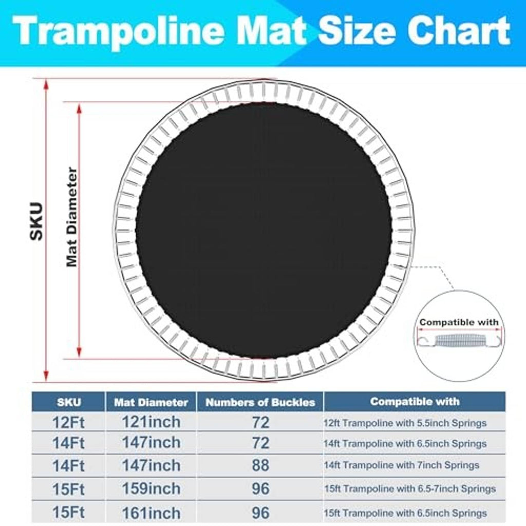 Round trampoline mat size chart with black mat and silver spring-ring edge detail