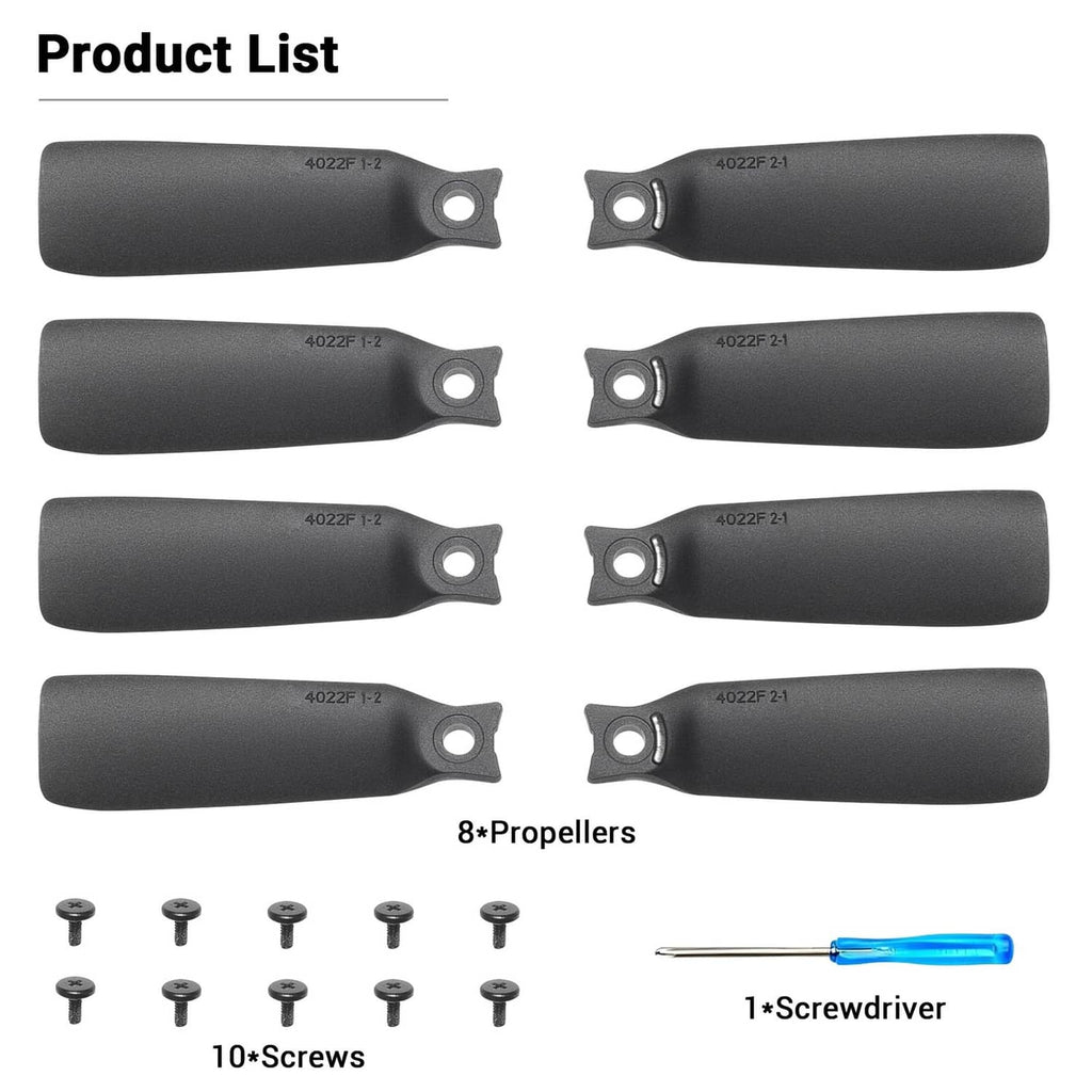 Propeller blade replacement set: 8 blades, 10 screws, and 1 screwdriver