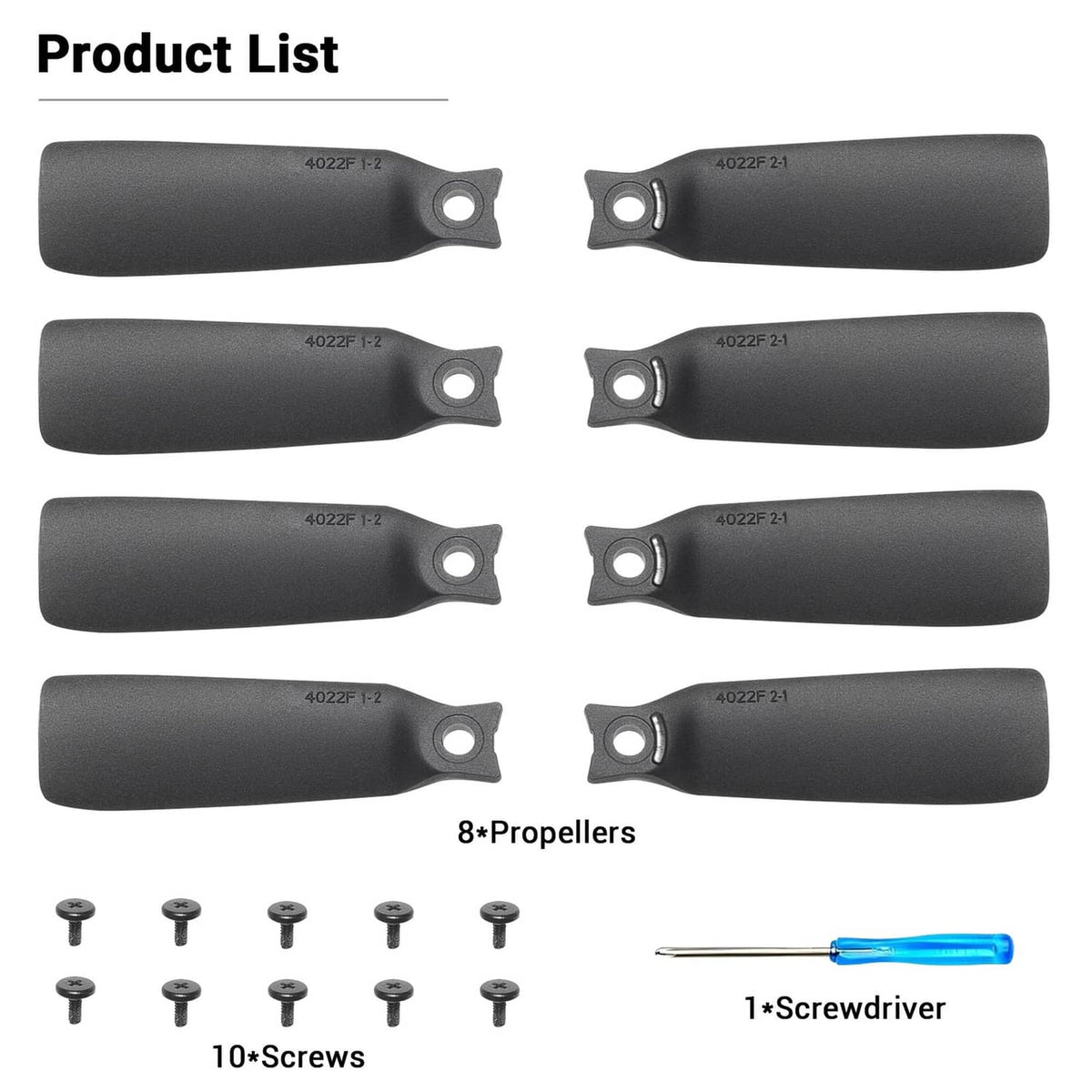 Propeller blade replacement set: 8 blades, 10 screws, and 1 screwdriver