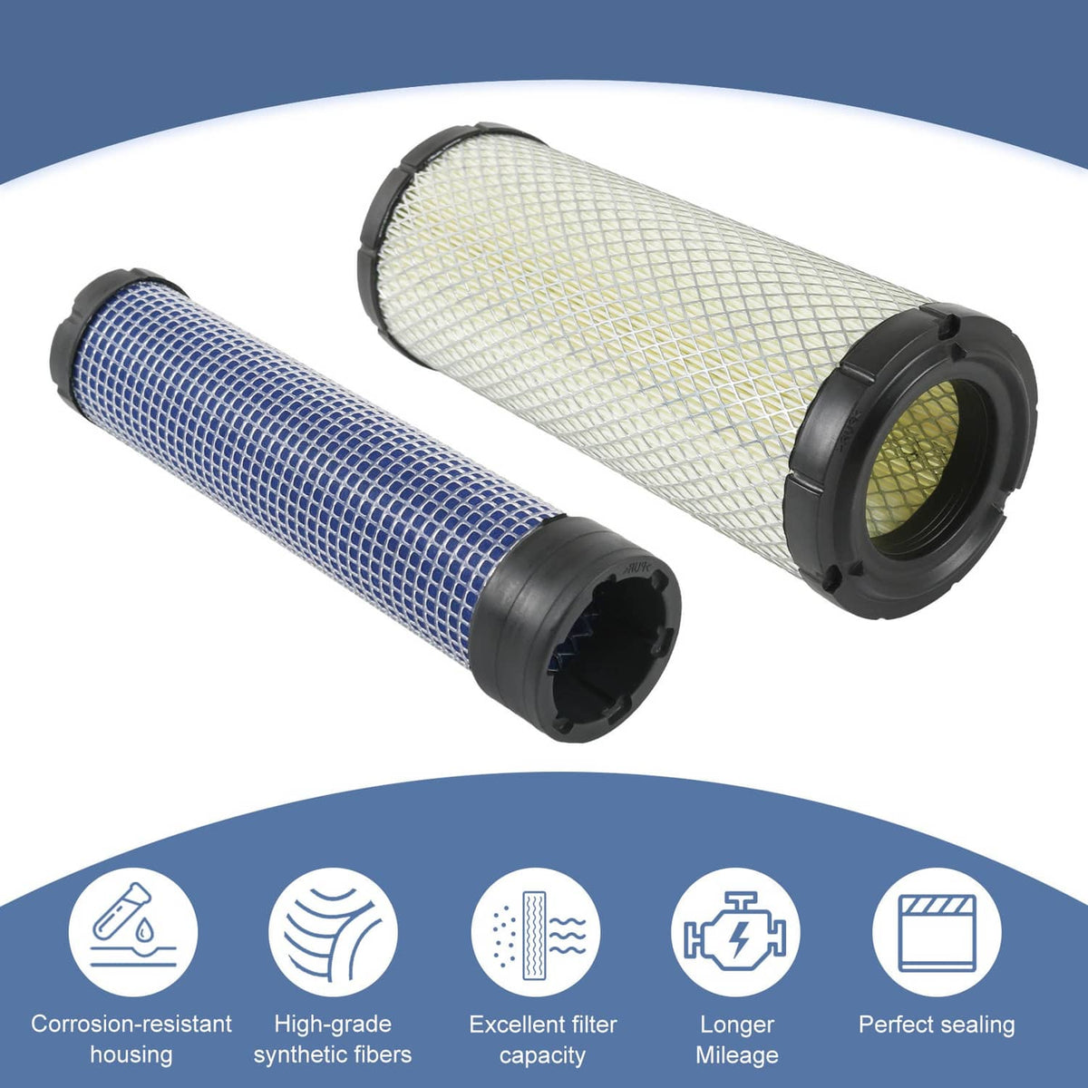 Air filter set with white pleated and blue mesh cylindrical filters