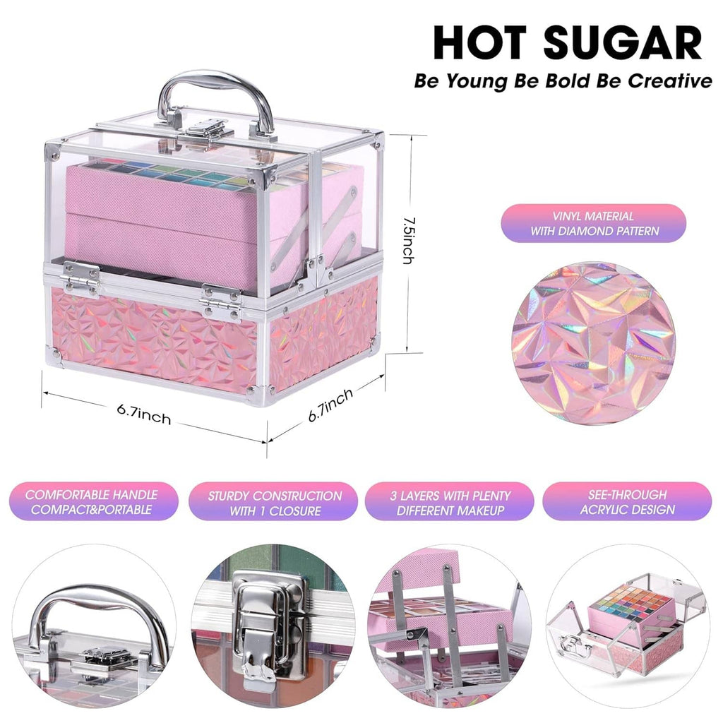 Pink makeup case with mirror and multi-color palettes plus makeup tools.