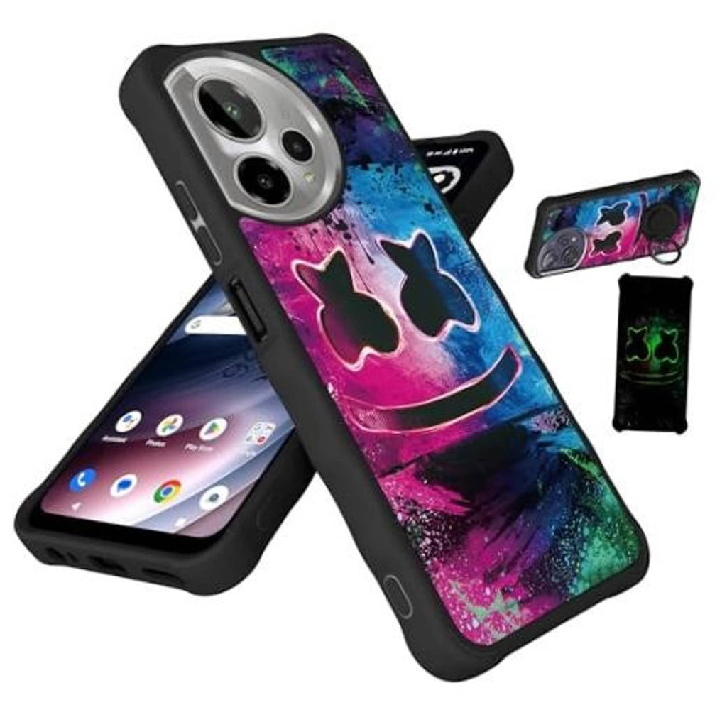 Rugged black phone case with graffiti cat design, raised camera cutouts and side buttons.