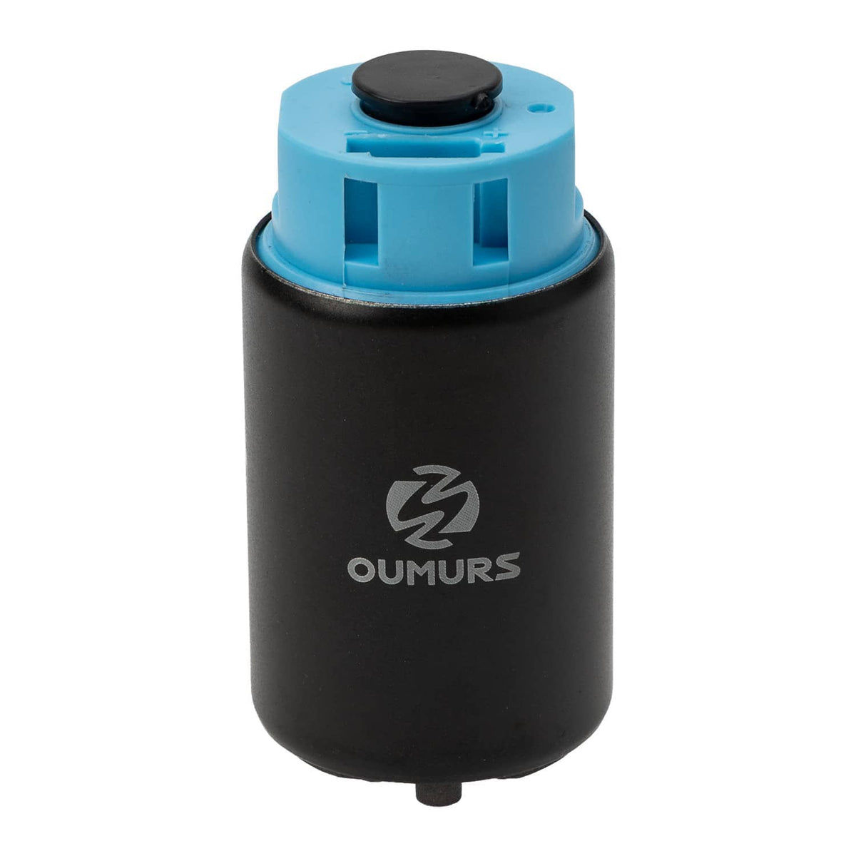 Fuel pump with blue top cover and black cylindrical body, close-up