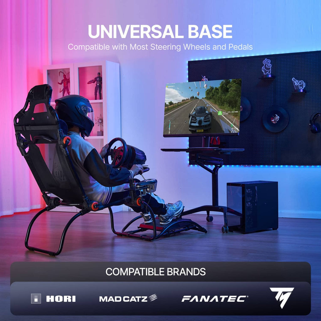 Racing simulator cockpit with steering wheel mount and seat, shown with gaming monitor