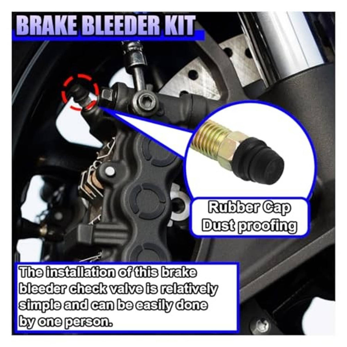 Brake bleeder check valve hose fitting with black dust cap on a brake assembly
