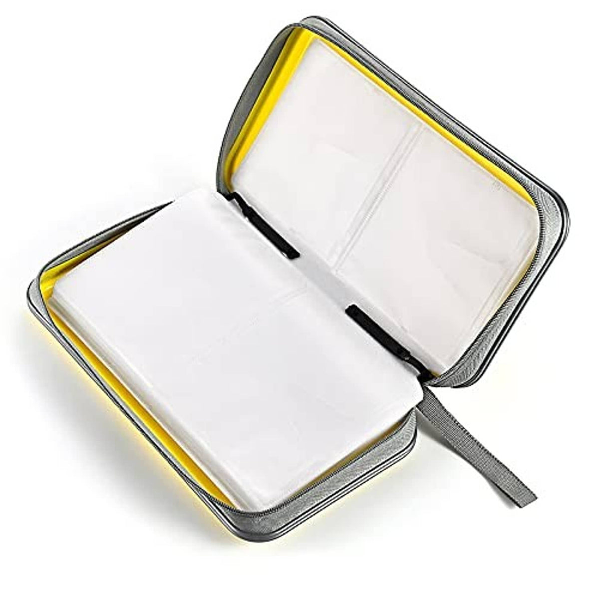 Open yellow hard plastic CD/DVD case with clear inner sleeves and gray zipper trim
