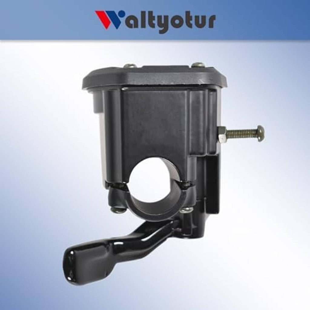 Black throttle assembly with round intake opening and curved thumb lever
