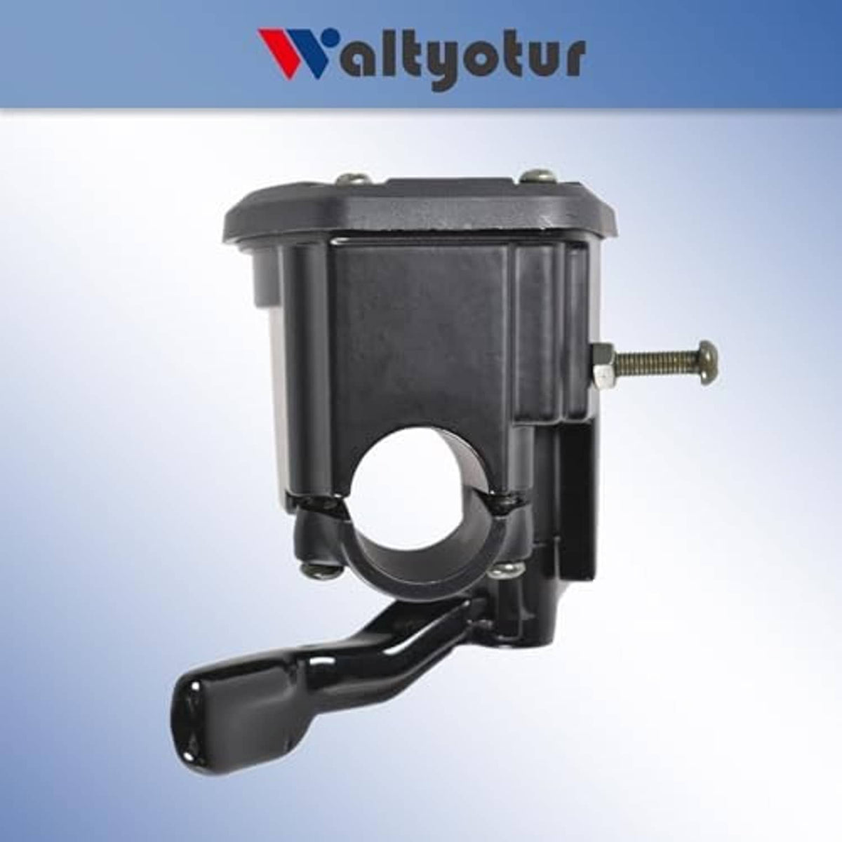 Black throttle assembly with round intake opening and curved thumb lever