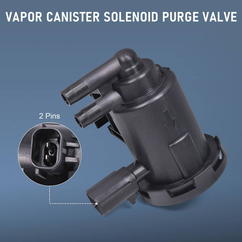 Black vapor canister purge solenoid valve with 2-pin connector and dual hose outlets
