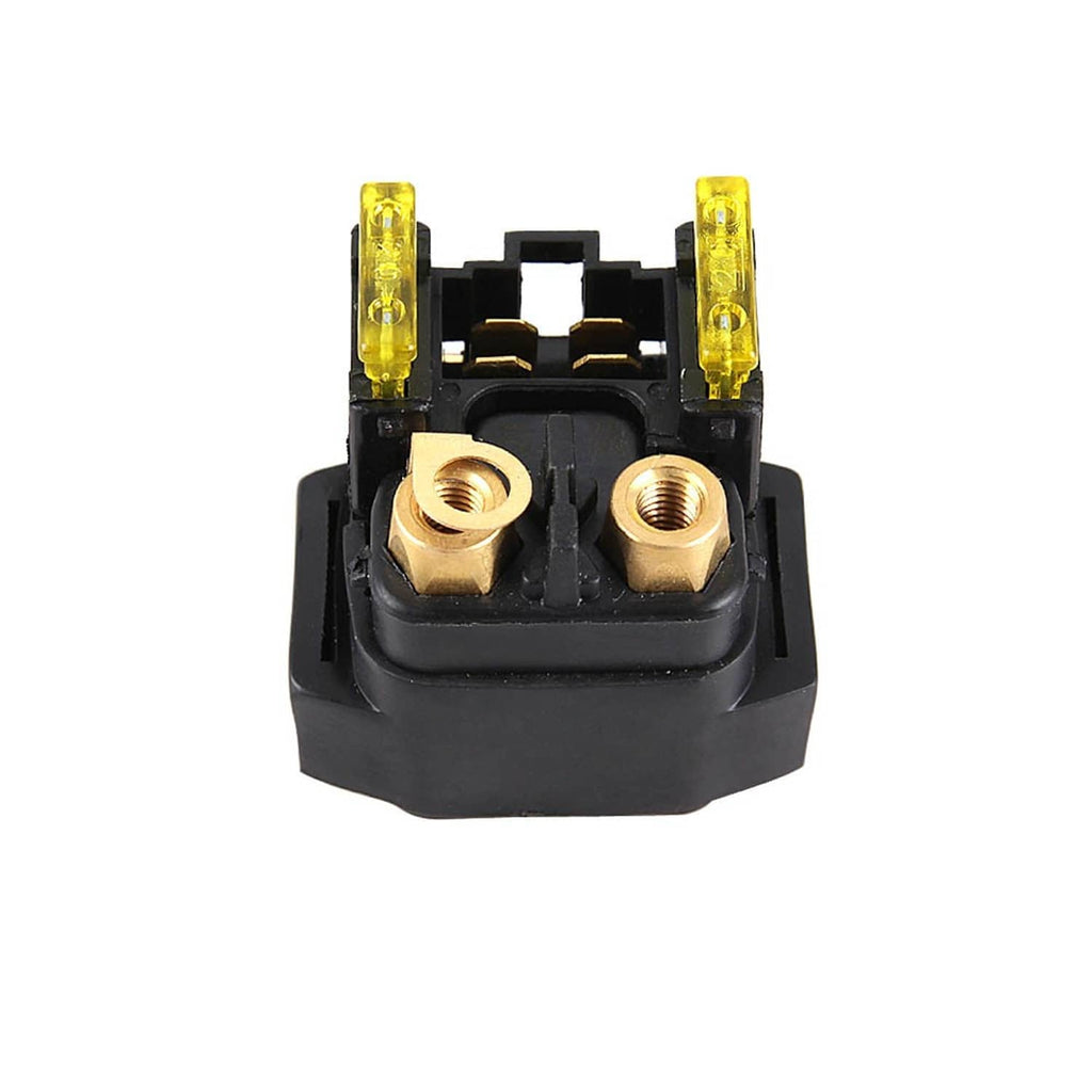 Starter solenoid relay, black housing with yellow fuse-style caps and brass posts