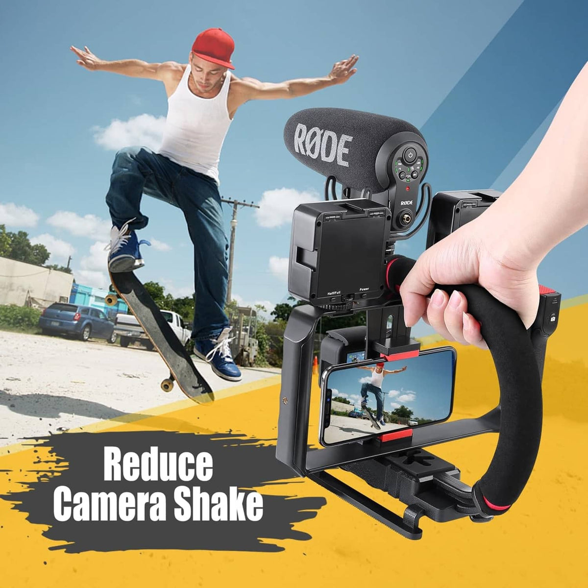 Outdoor handheld smartphone video rig with phone mount on black stabilizer handle
