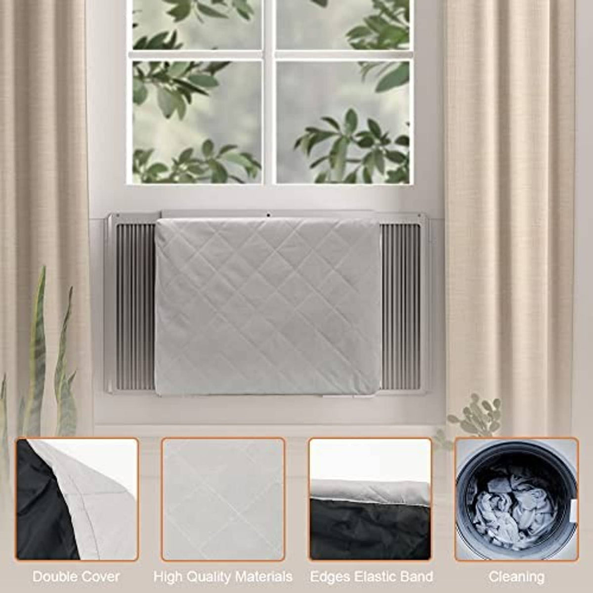 Light gray quilted AC cover with elastic edges for secure fit