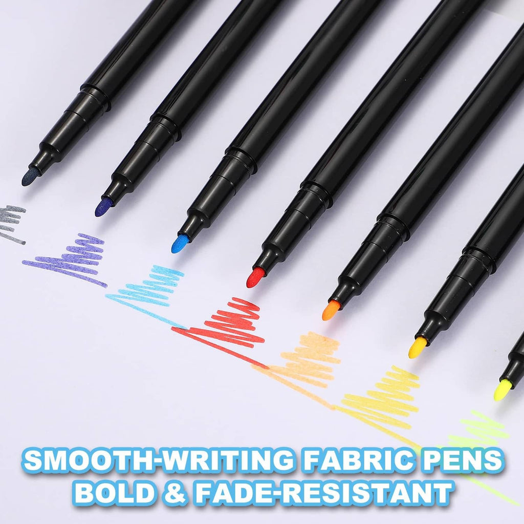 Permanent fabric markers with colored tips, arranged diagonally for fabric drawing