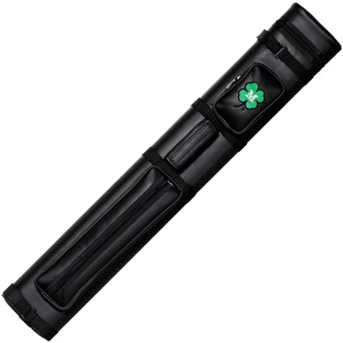 Black hard oval vinyl cue case with green clover emblem and internal divider pockets.
