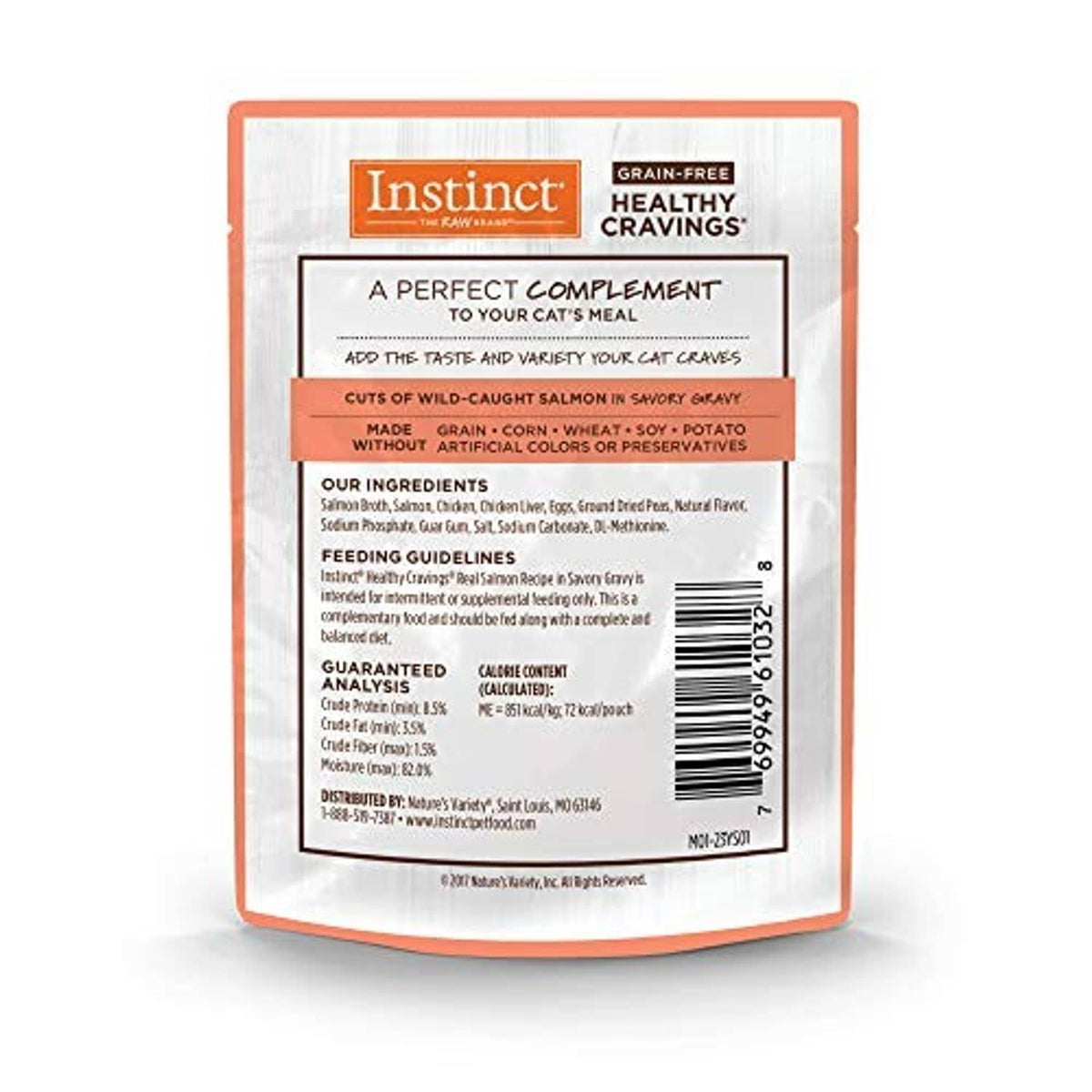 Grain-free healthy cravings salmon cat food topper pouch with ingredients and nutrition label
