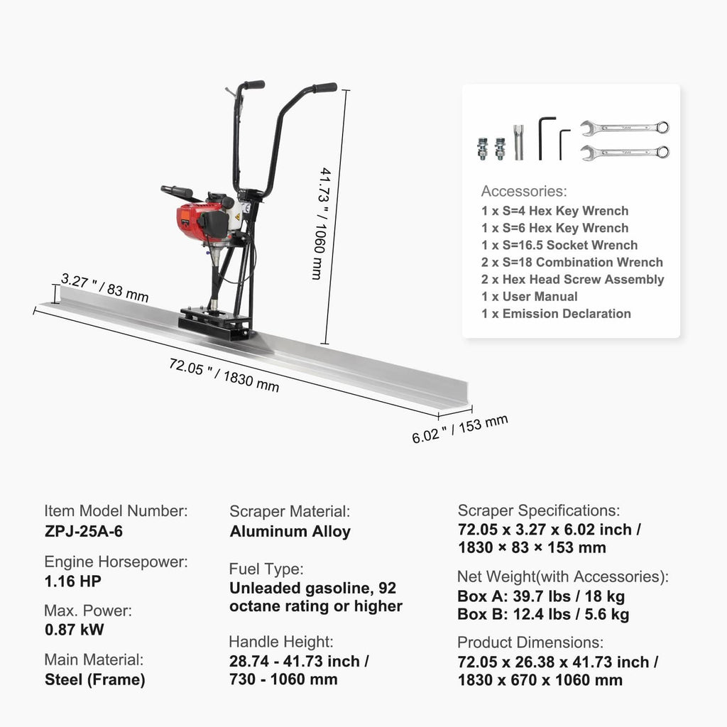 Gas concrete power screed float on long aluminum blade board with handle uprights