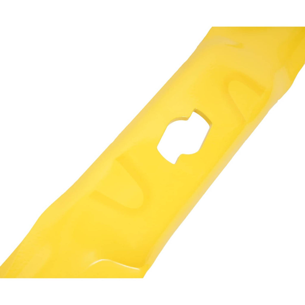 Yellow mulching mower blade with large rectangular center cutout