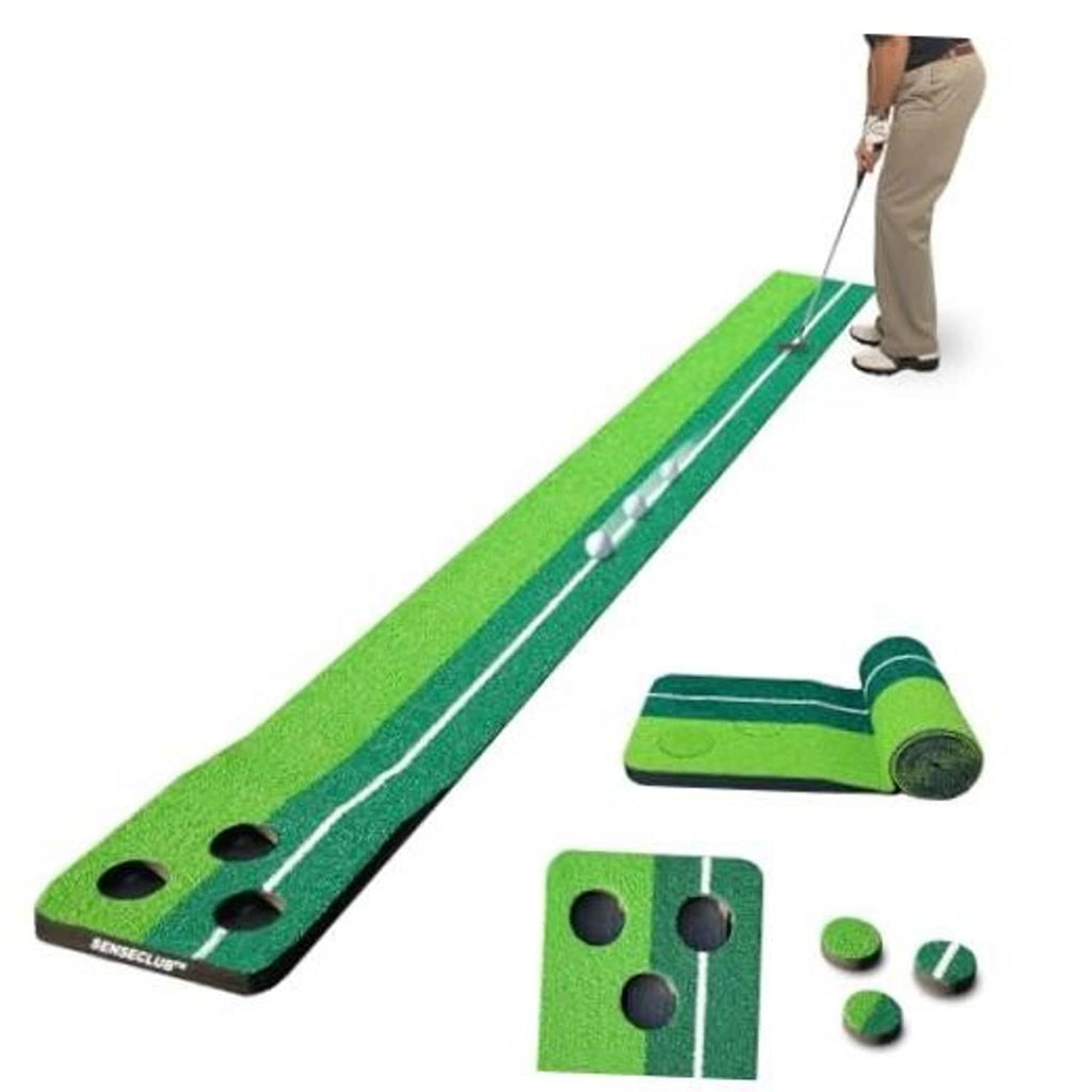 Foldable indoor putting green mat in green with guide lines and tees, shown with golfer