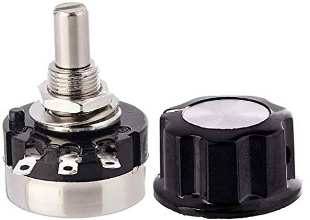 Carbon film rotary potentiometer with black knurled knob, metal shaft, and 3 terminals