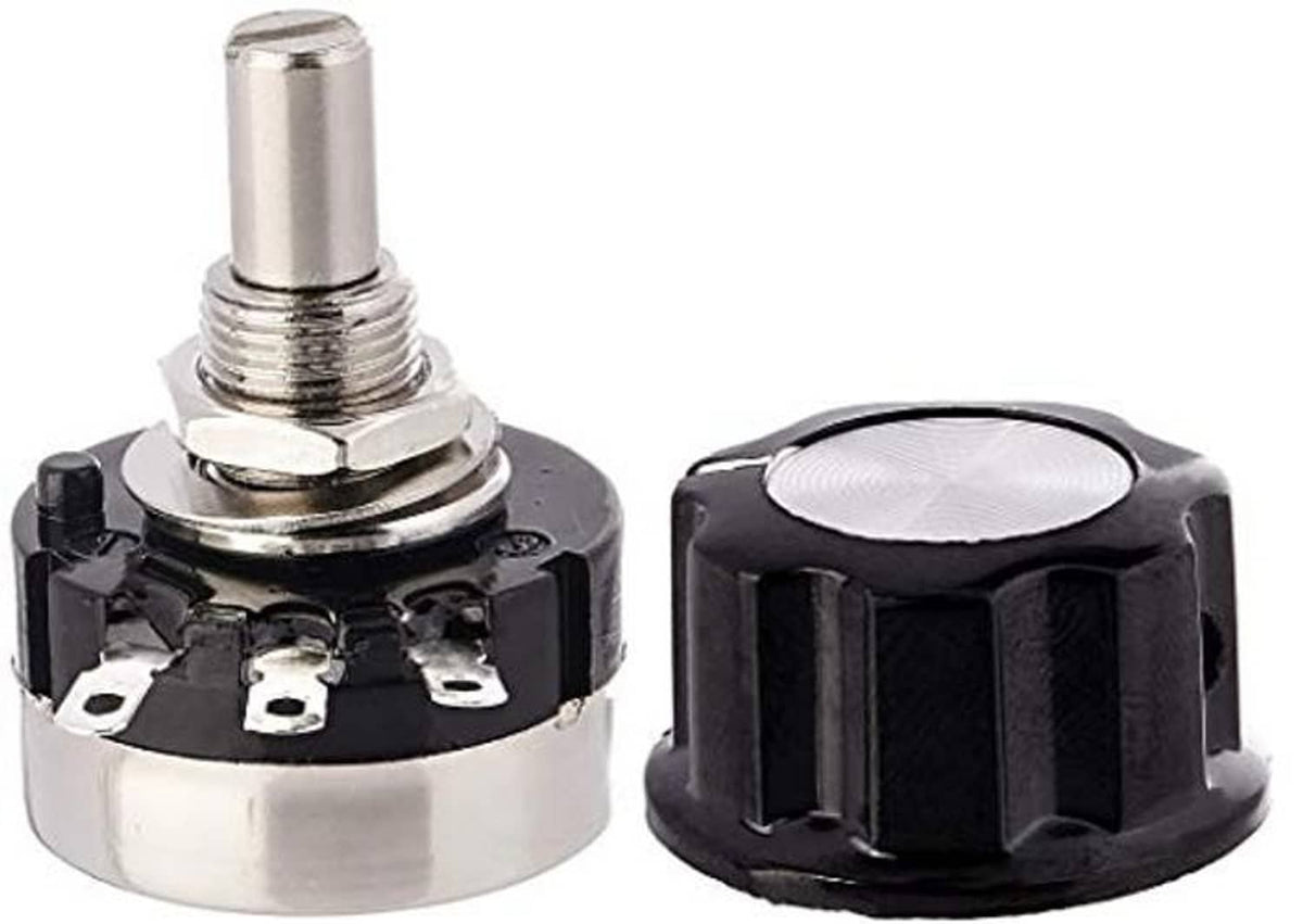 Carbon film rotary potentiometer with black knurled knob, metal shaft, and 3 terminals