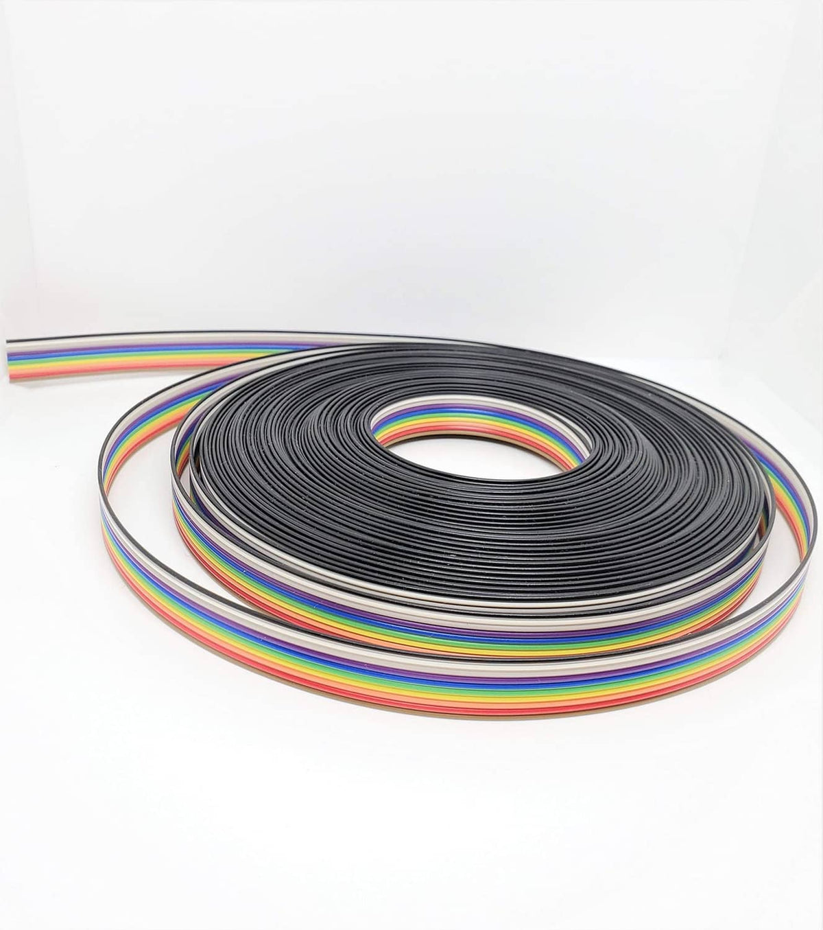 Rainbow 10P flat ribbon IDC connector cable roll with black base, 20-ft