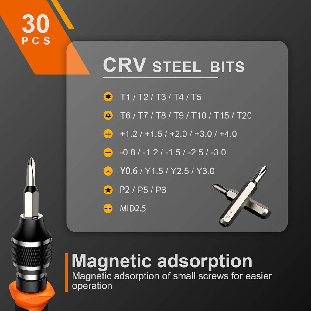 CRV steel screwdriver bits set with magnetic adsorption tool and bit size chart