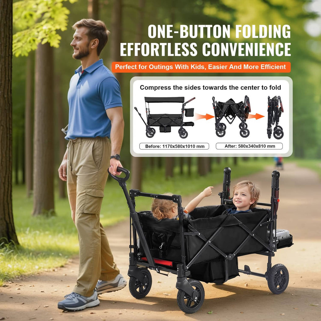 Black double stroller wagon with canopy and cross-braced seats, carrying two children.