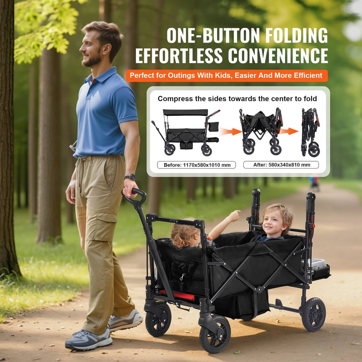Black double stroller wagon with canopy and cross-braced seats, carrying two children.