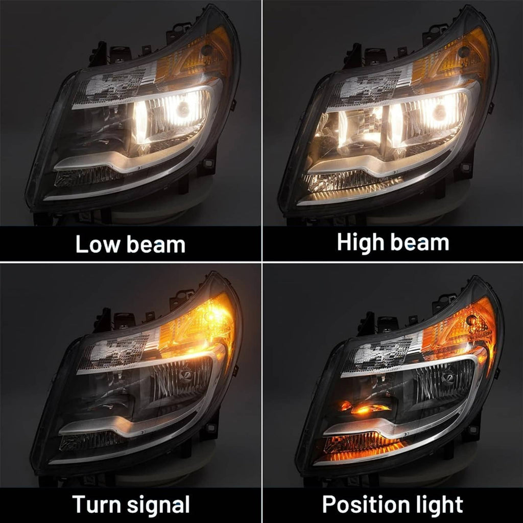 Four views of headlight illumination: low beam, high beam, turn signal, and position light