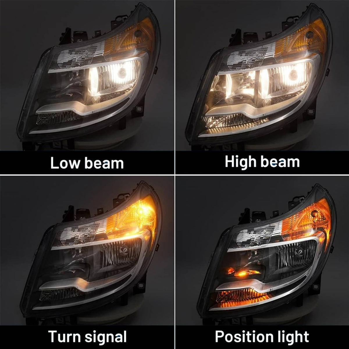 Four views of headlight illumination: low beam, high beam, turn signal, and position light