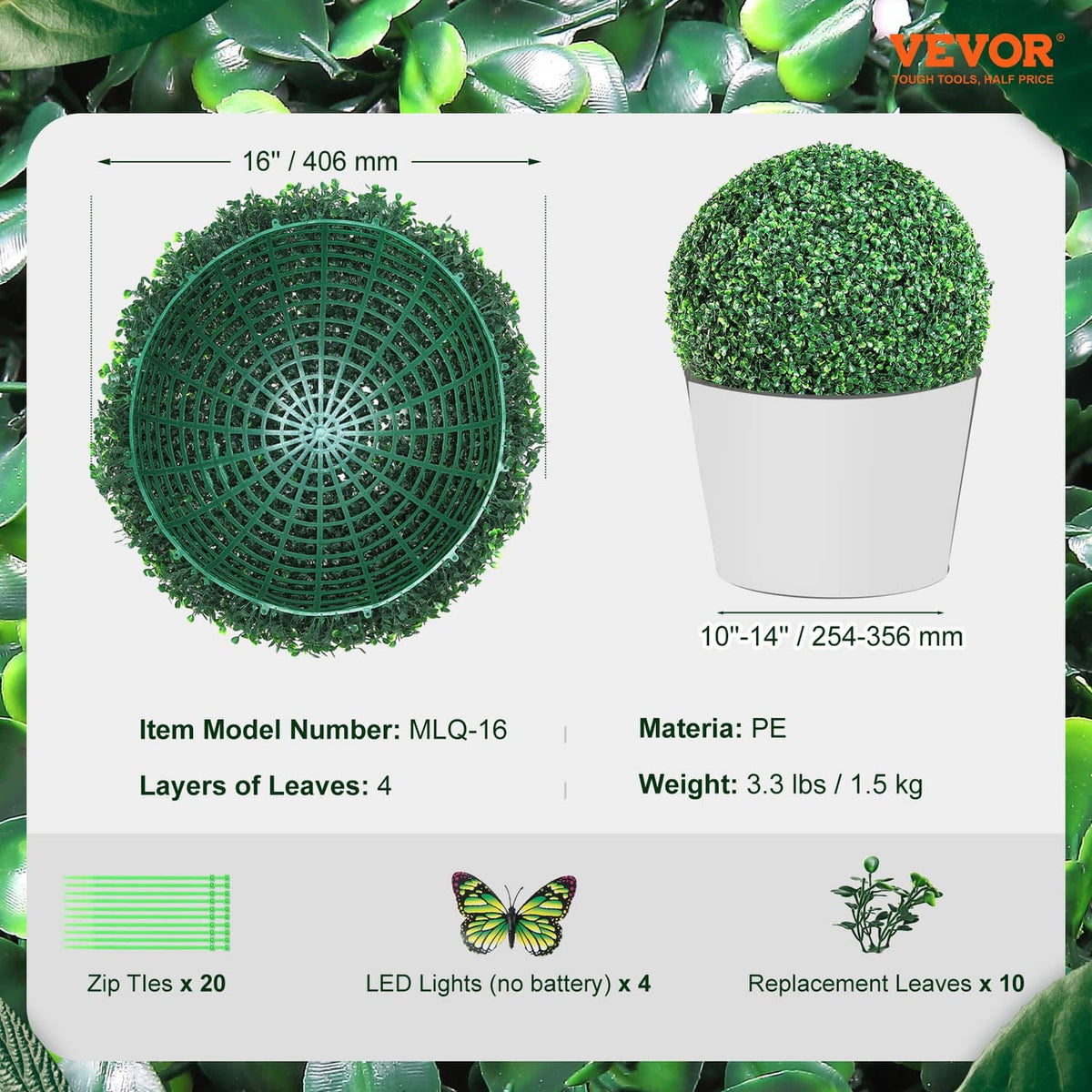 Green artificial topiary ball with PE faux leaf layers, 16 in
