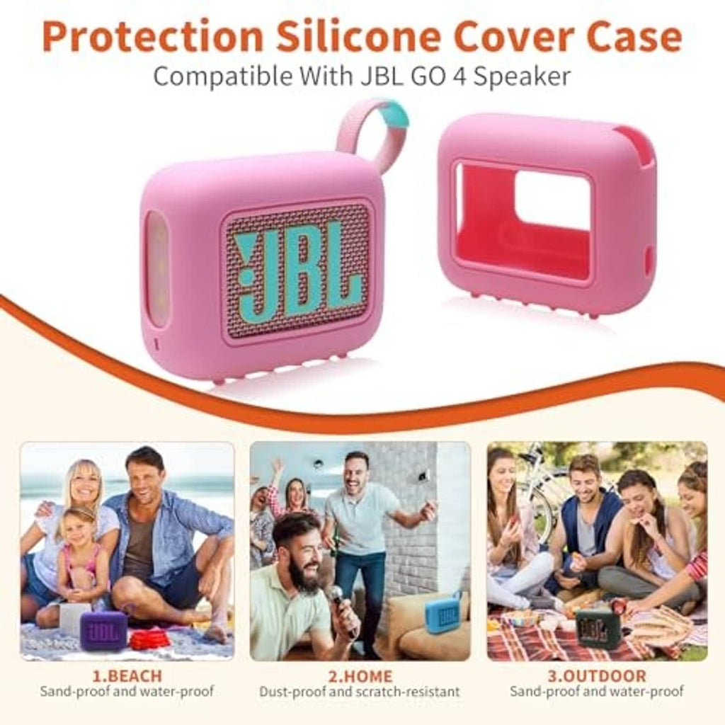 Silicone speaker cover case for JBL Go 4 in pink, with strap loop and front window